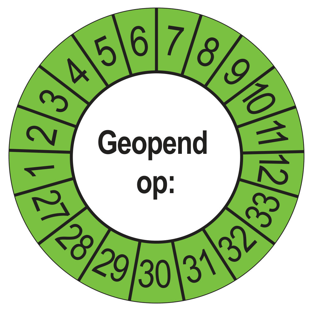 Keuringssticker Geopend op 2027, buiten groen, Ø 35 mm
