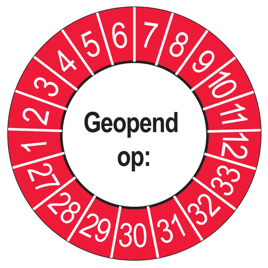 Keuringssticker Geopend op 2027, buiten rood, Ø 35 mm