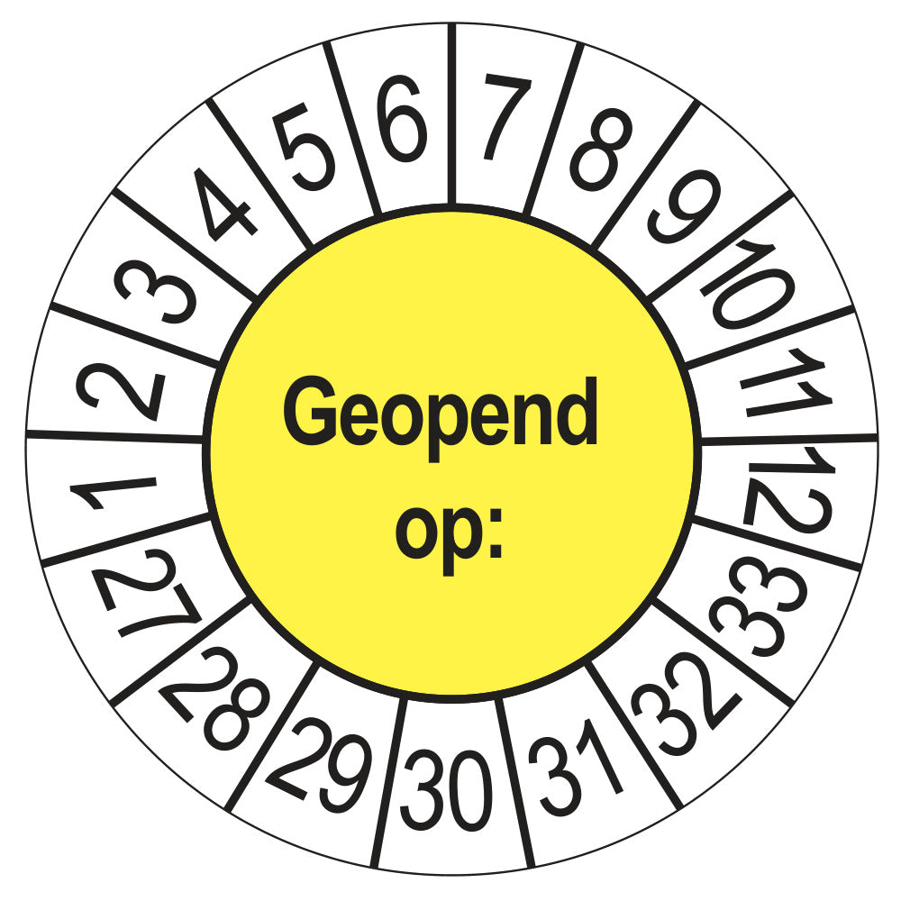 Keuringssticker Geopend op 2027, geel, Ø 35 mm