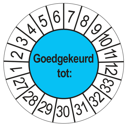 Keuringssticker Goedgekeurd tot, blauw, Ø 35 mm