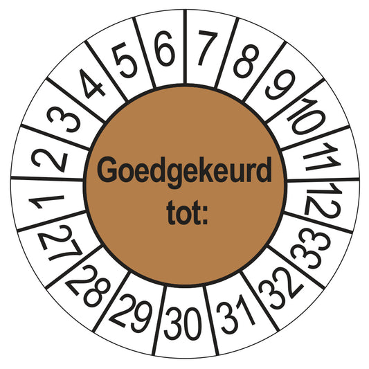 Keuringssticker Goedgekeurd tot, bruin, Ø 35 mm