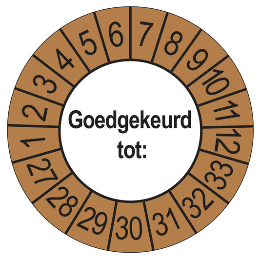 Keuringssticker Goedgekeurd tot, buiten bruin, Ø 35 mm