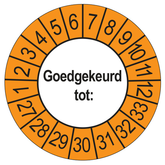 Keuringssticker Goedgekeurd tot, buiten oranje, Ø 35 mm