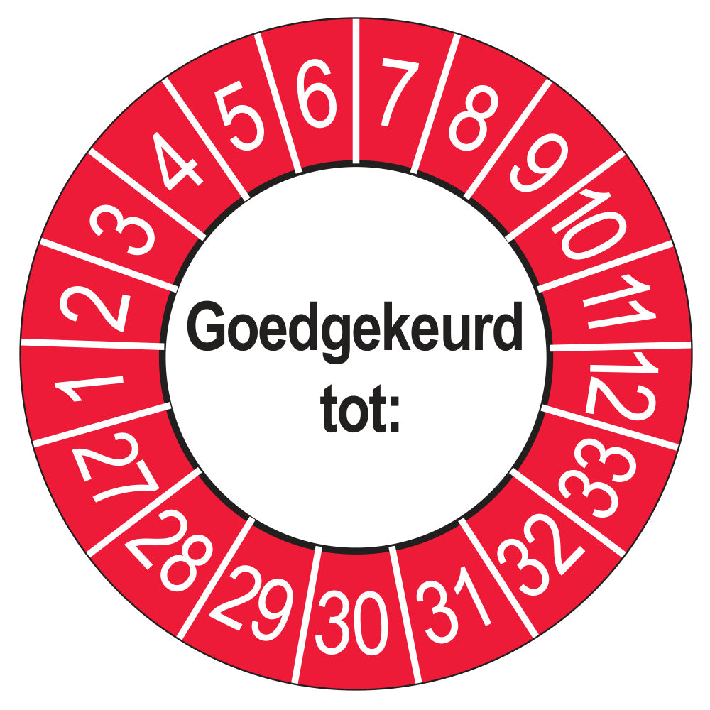 Keuringssticker Goedgekeurd tot, buiten rood, Ø 35 mm