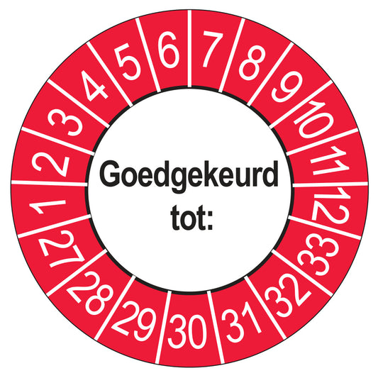Keuringssticker Goedgekeurd tot, buiten rood, Ø 35 mm