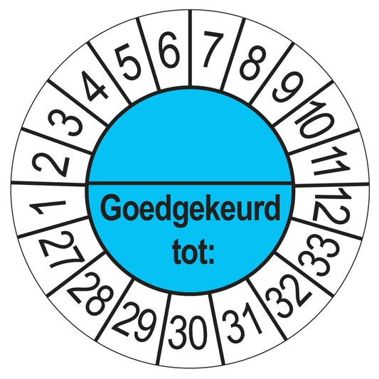 Keuringssticker Goedgekeurd tot met scheidingsstreep, blauw, Ø 35 mm