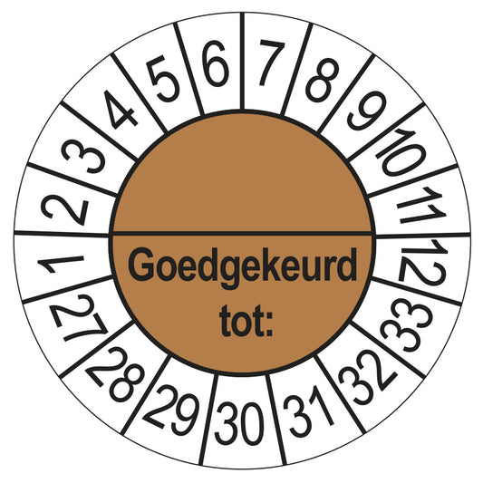 Keuringssticker Goedgekeurd tot met scheidingsstreep, bruin, Ø 35 mm