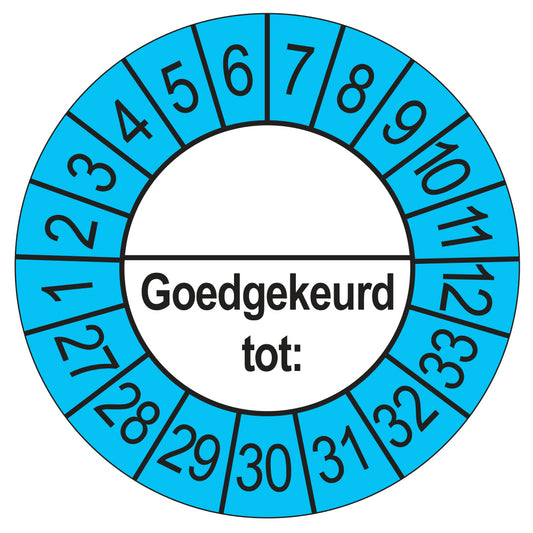 Keuringssticker Goedgekeurd tot met scheidingsstreep, buiten blauw, Ø 35 mm