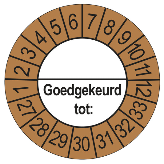 Keuringssticker Goedgekeurd tot met scheidingsstreep, buiten bruin, Ø 35 mm