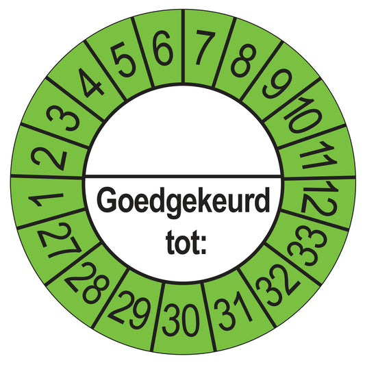 Keuringssticker Goedgekeurd tot met scheidingsstreep, buiten groen, Ø 35 mm