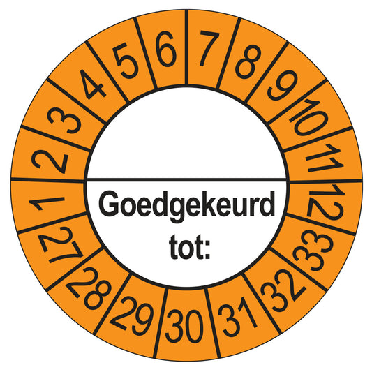 Keuringssticker Goedgekeurd tot met scheidingsstreep, buiten oranje, Ø 35 mm