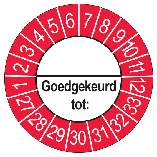 Keuringssticker Goedgekeurd tot met scheidingsstreep, buiten rood, Ø 35 mm