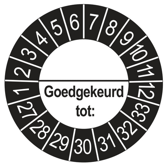Keuringssticker Goedgekeurd tot met scheidingsstreep, buiten zwart, Ø 35 mm