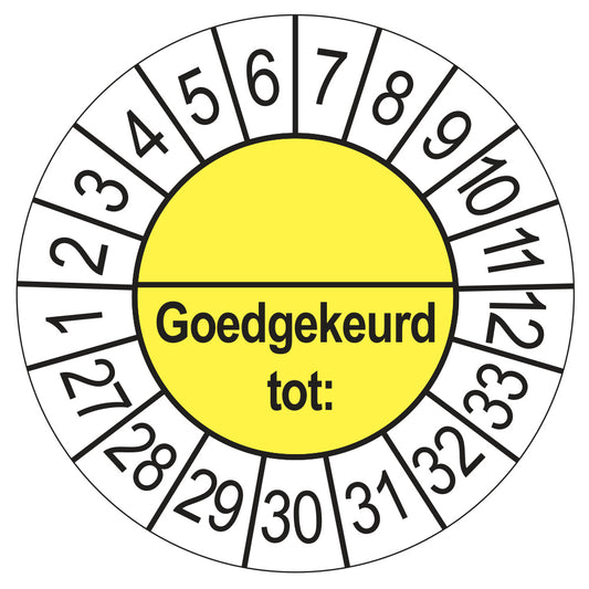 Keuringssticker Goedgekeurd tot met scheidingsstreep, geel, Ø 35 mm
