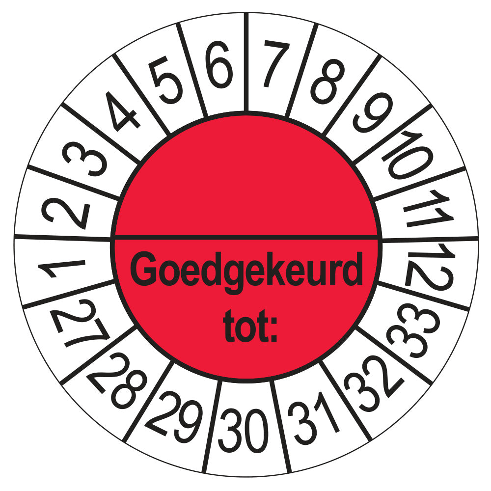 Keuringssticker Goedgekeurd tot met scheidingsstreep, rood, Ø 35 mm
