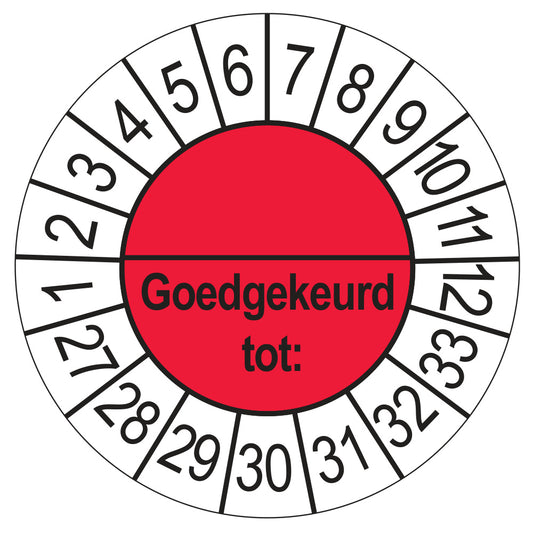 Keuringssticker Goedgekeurd tot met scheidingsstreep, rood, Ø 35 mm