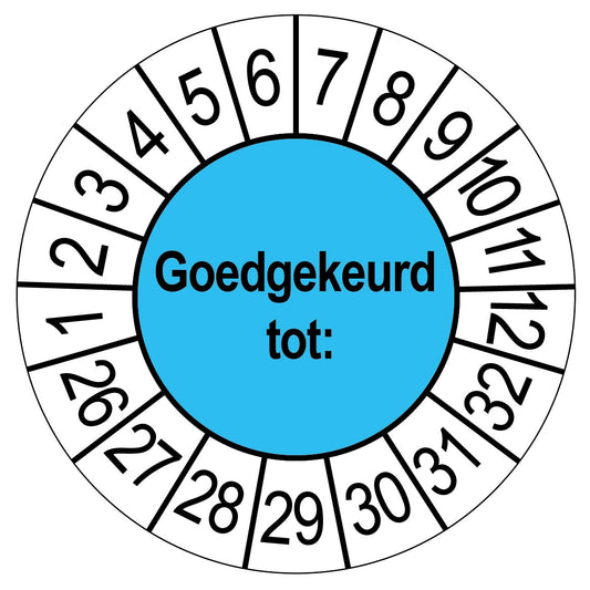 Keuringssticker Goedgekeurd tot, blauw met witte cijferrand, rond 35 mm vinyl