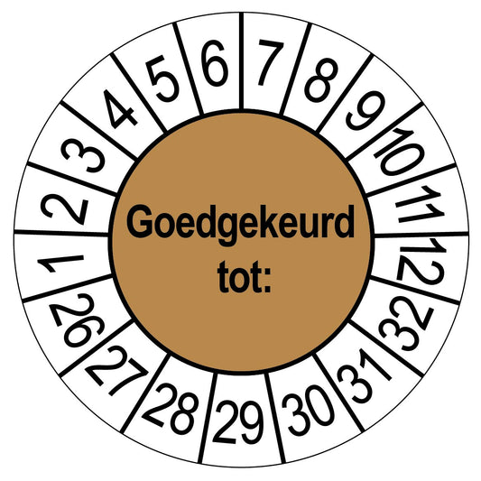 Keuringssticker Goedgekeurd tot, bruin met witte cijferrand, rond 35 mm vinyl