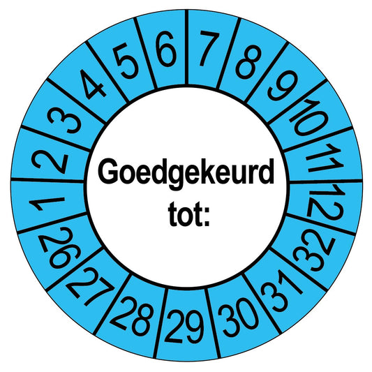 Keuringssticker Goedgekeurd tot, wit met blauwe buitenrand, rond 35 mm vinyl