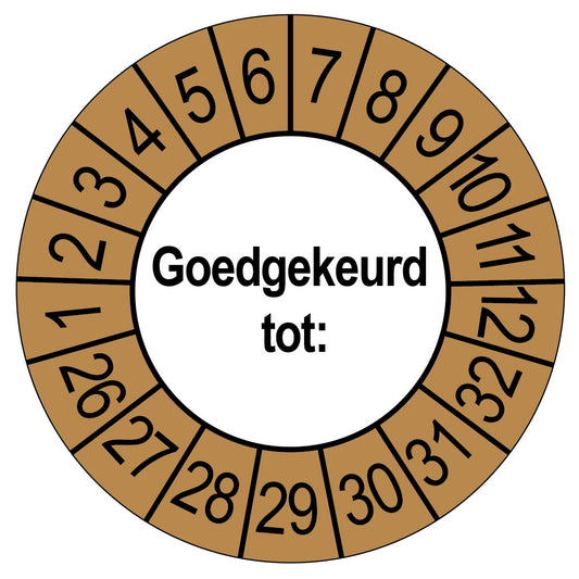 Keuringssticker Goedgekeurd tot, wit met bruine buitenrand, rond 35 mm vinyl