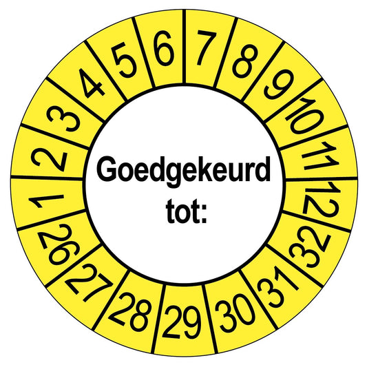Keuringssticker Goedgekeurd tot, wit met gele buitenrand, rond 35 mm vinyl