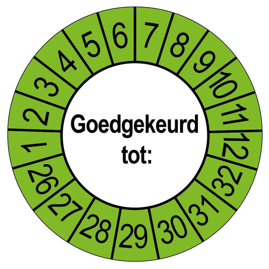 Keuringssticker Goedgekeurd tot, wit met groene buitenrand, rond 35 mm vinyl