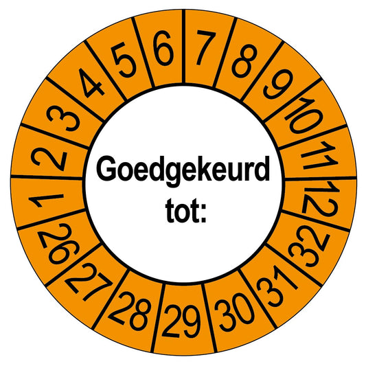 Keuringssticker Goedgekeurd tot, wit met oranje buitenrand, rond 35 mm vinyl