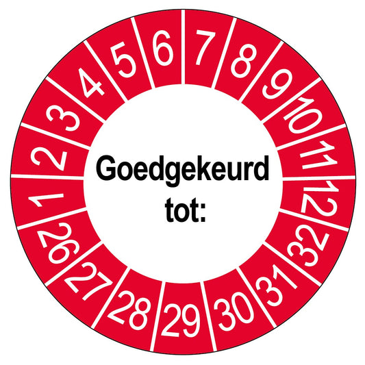Keuringssticker Goedgekeurd tot, wit met rode buitenrand, rond 35 mm vinyl