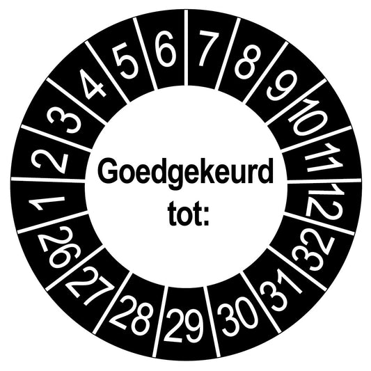 Keuringssticker Goedgekeurd tot, wit met zwarte buitenrand, rond 35 mm vinyl