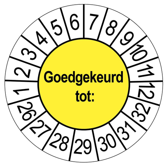 Keuringssticker Goedgekeurd tot, geel met witte cijferrand, rond 35 mm vinyl