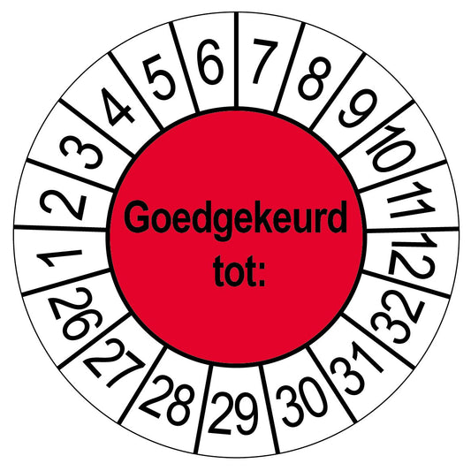 Keuringssticker Goedgekeurd tot, rood met witte cijferrand, rond 35 mm vinyl