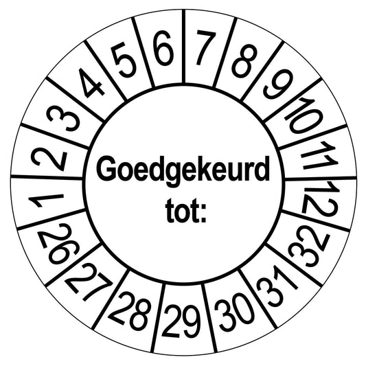 Keuringssticker Goedgekeurd tot, wit met zwarte opdruk, rond 35 mm vinyl