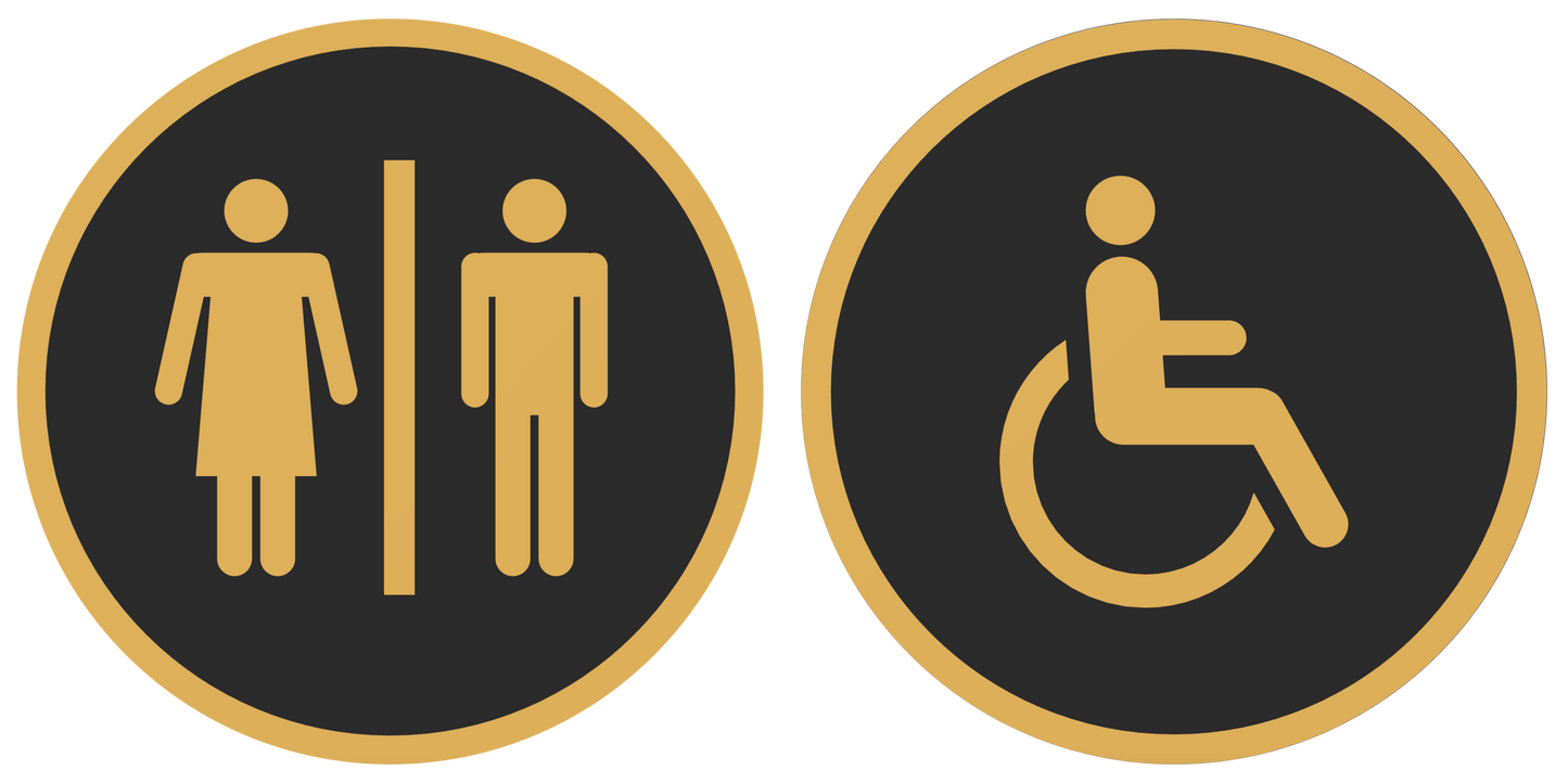 PLA toilet bordje man/vrouw en invalide Zwart-Goud 125mm rond