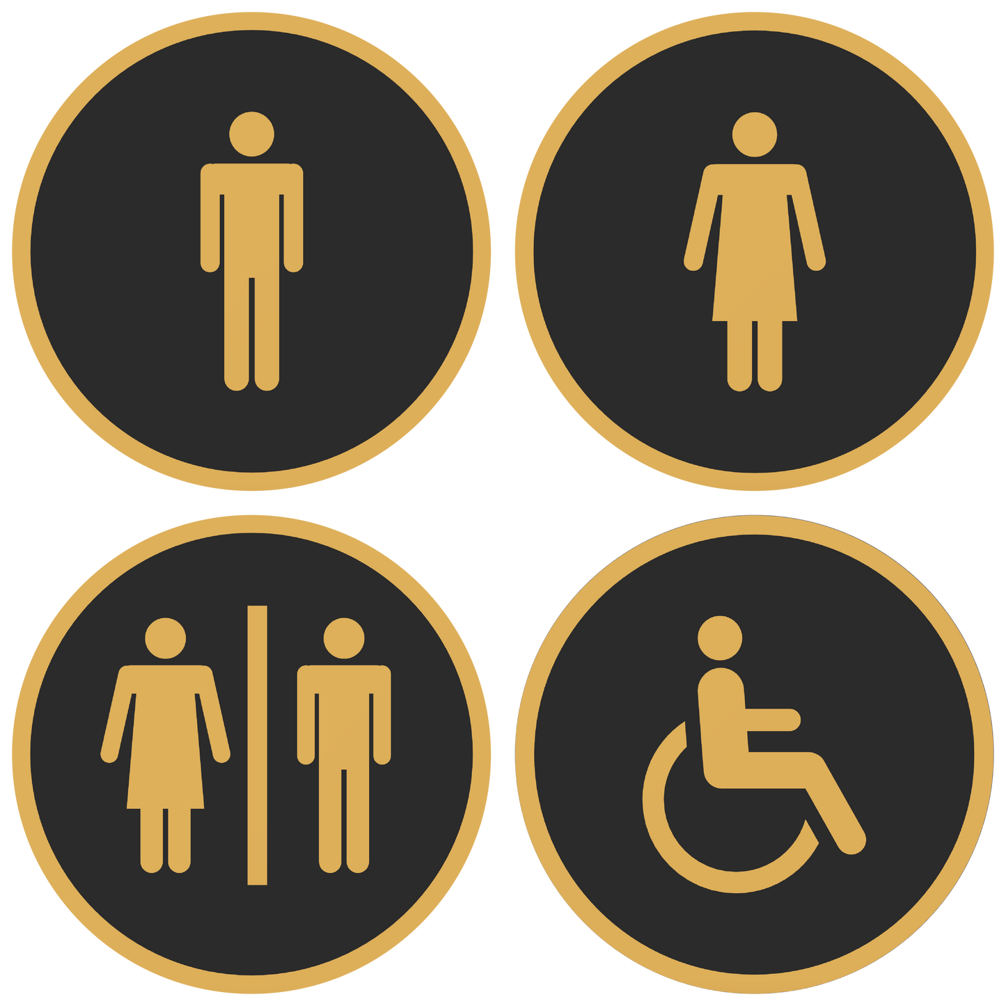 PLA toilet bordjes set 4x man vrouw invalide Zwart-Goud 125mm