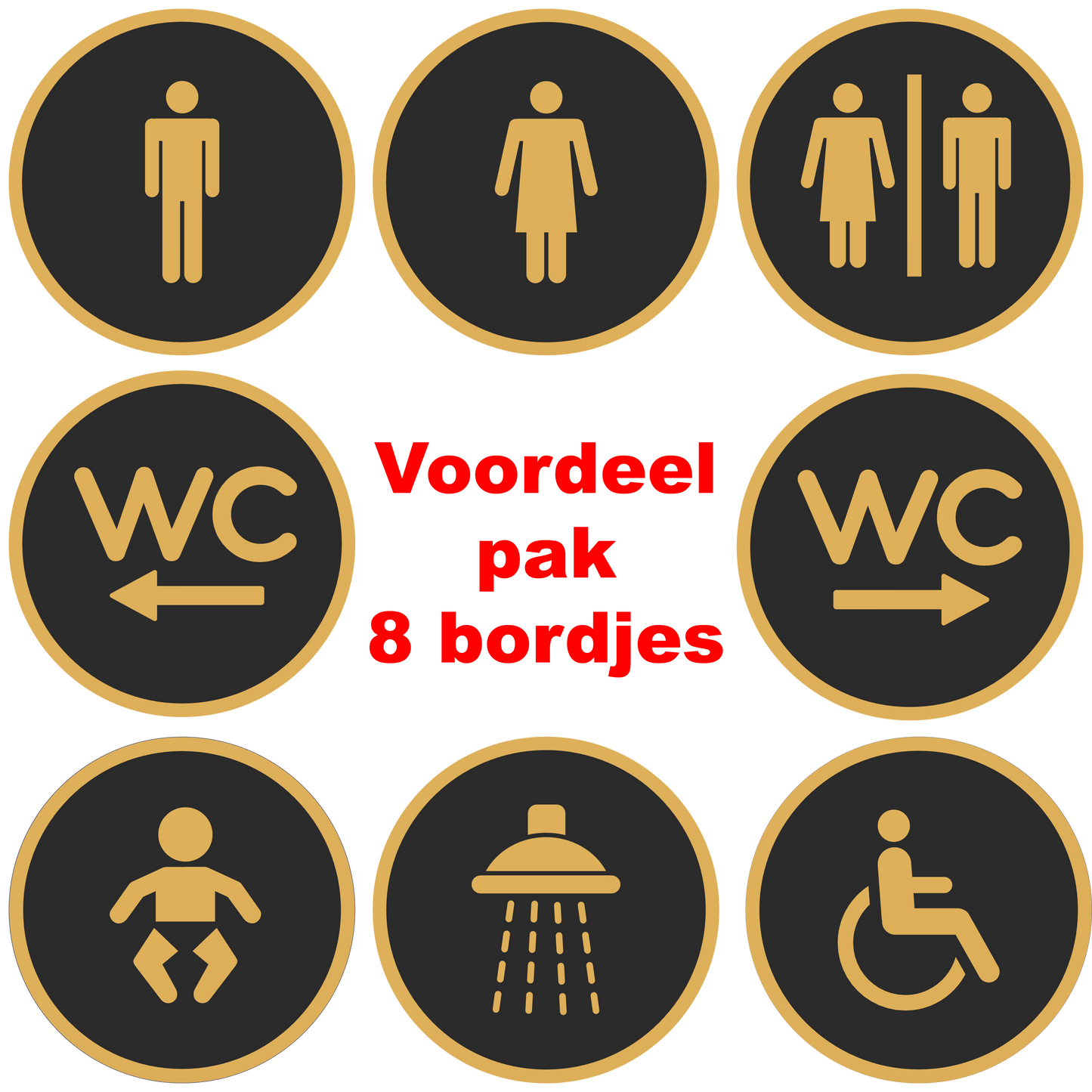 PLA toilet bordjes voordeel pack 8x Zwart-Goud overzicht