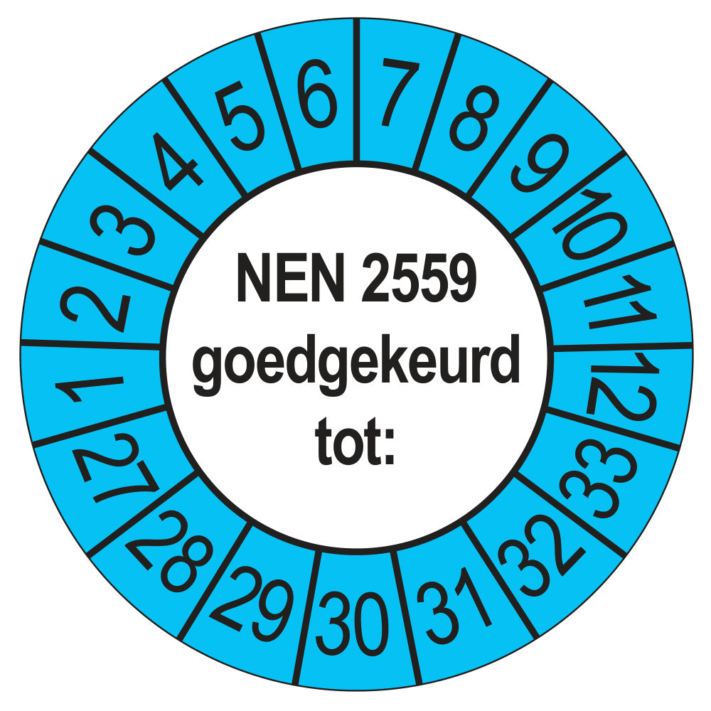 Keuringssticker NEN 2559 goedgekeurd tot, buiten blauw, Ø 35 mm