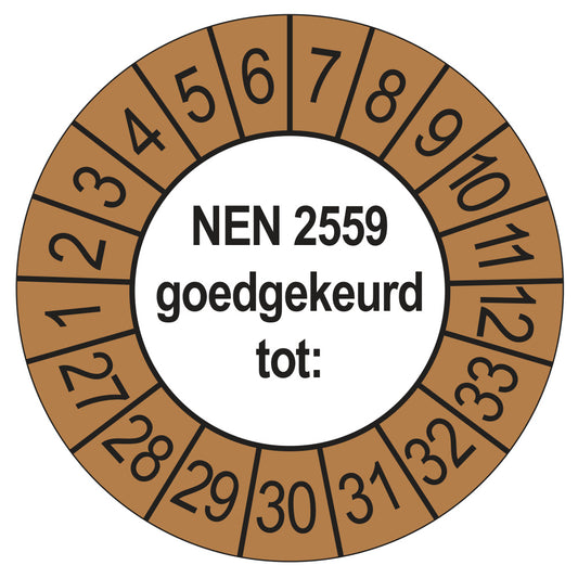 Keuringssticker NEN 2559 goedgekeurd tot, buiten bruin, Ø 35 mm