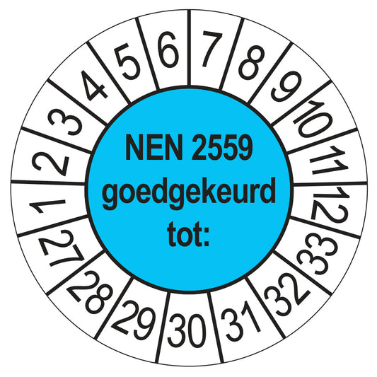Keuringssticker NEN 2559 goedgekeurd tot, blauw, Ø 35 mm