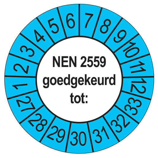 Keuringssticker NEN 2559 goedgekeurd tot, buiten blauw, Ø 35 mm
