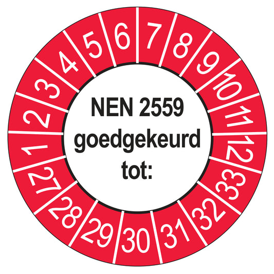 Keuringssticker NEN 2559 goedgekeurd tot, buiten rood, Ø 35 mm