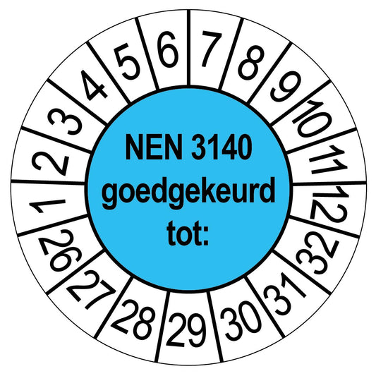 Blauwe keuringssticker NEN 3140 goedgekeurd tot, rond 35 mm, met maand- en jaarrand