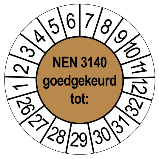 Bruine keuringssticker NEN 3140 goedgekeurd tot, rond 35 mm, met maand- en jaarrand