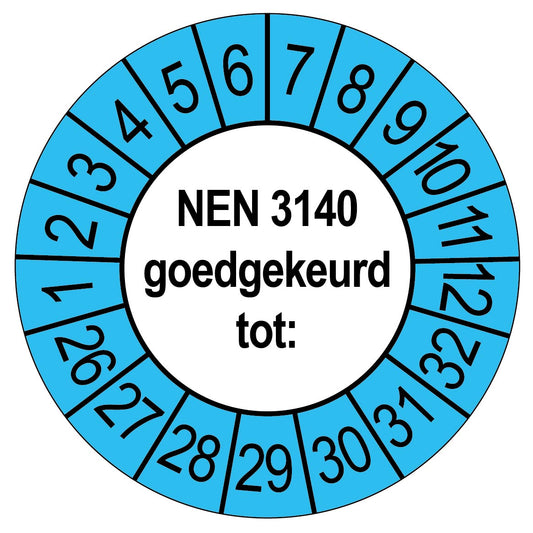 Keuringssticker NEN 3140 goedgekeurd tot, rond 35 mm, wit met blauwe buitenrand