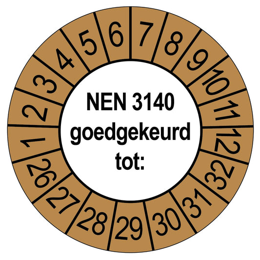 Keuringssticker NEN 3140 goedgekeurd tot, rond 35 mm, wit met bruine buitenrand