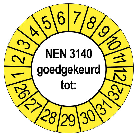 Keuringssticker NEN 3140 goedgekeurd tot, rond 35 mm, wit met gele buitenrand