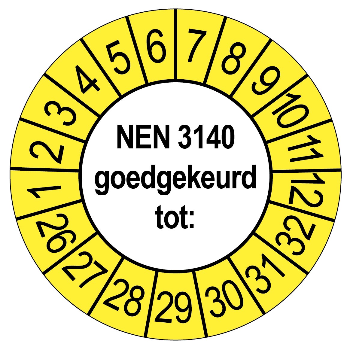 Keuringsstickers NEN 3140 Rond 35mm Gele buitenrand 1000 stuks