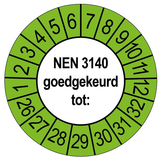 Keuringssticker NEN 3140 goedgekeurd tot, rond 35 mm, wit met groene buitenrand