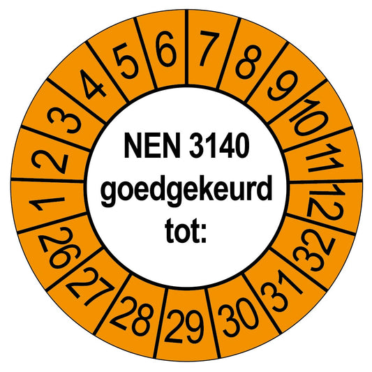 Keuringssticker NEN 3140 goedgekeurd tot, rond 35 mm, wit met oranje buitenrand
