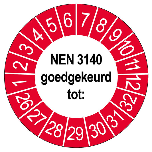 Keuringssticker NEN 3140 goedgekeurd tot, rond 35 mm, wit met rode buitenrand