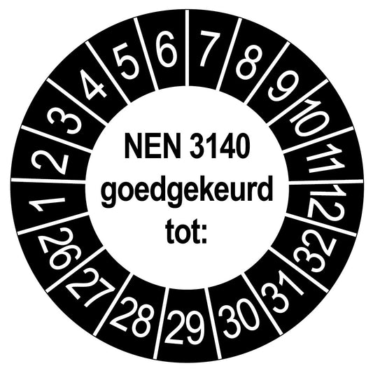 Keuringssticker NEN 3140 goedgekeurd tot, rond 35 mm, wit met zwarte buitenrand